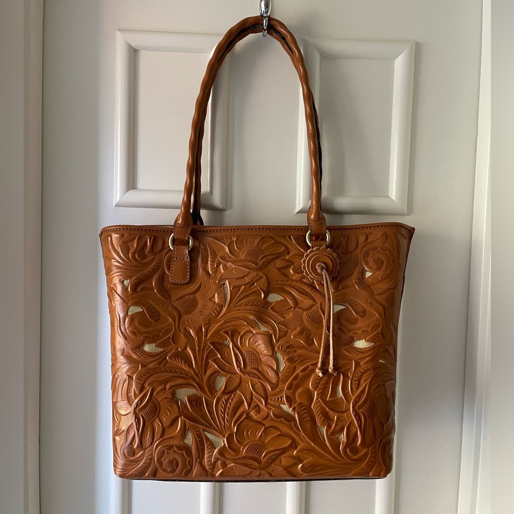 Patricia Nash Tooled Brown Leather Cut-out (gold) Shoulder Bag
